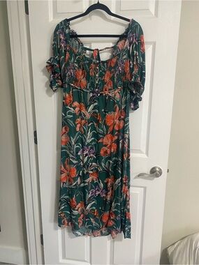 Anthropologie Green Midi Dress with Orange & Purple Floral Print